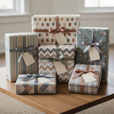 Several wrapped presents stacked upright on a table