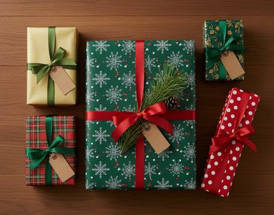 Christmas-themed wrapped presents on a table