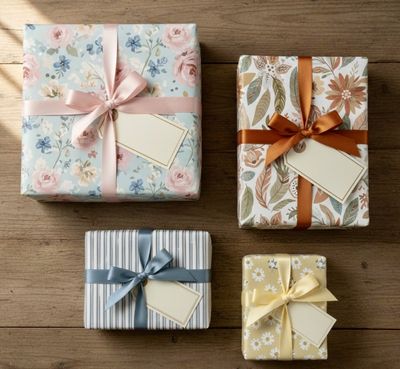 Four wrapped presents on a table