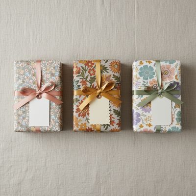 Three wrapped presents on a tablecloth